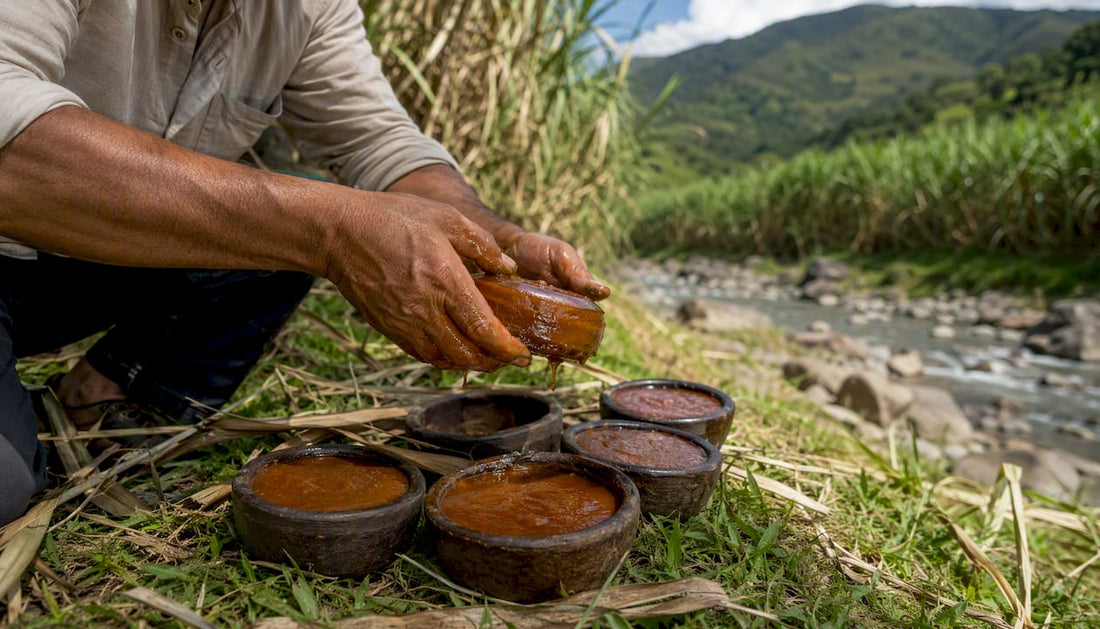 Hands pouring panela cane syrup into wooden mold