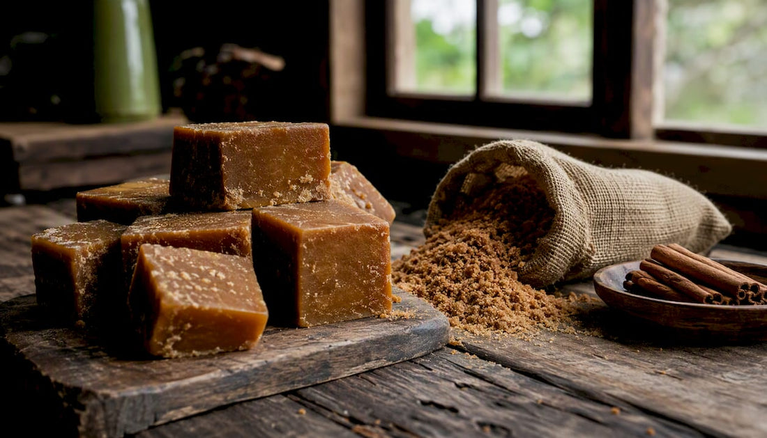 Stack of artisanal panela sugar blocks with visible moisture