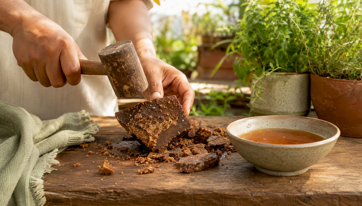 Hands breaking panela block on wooden table