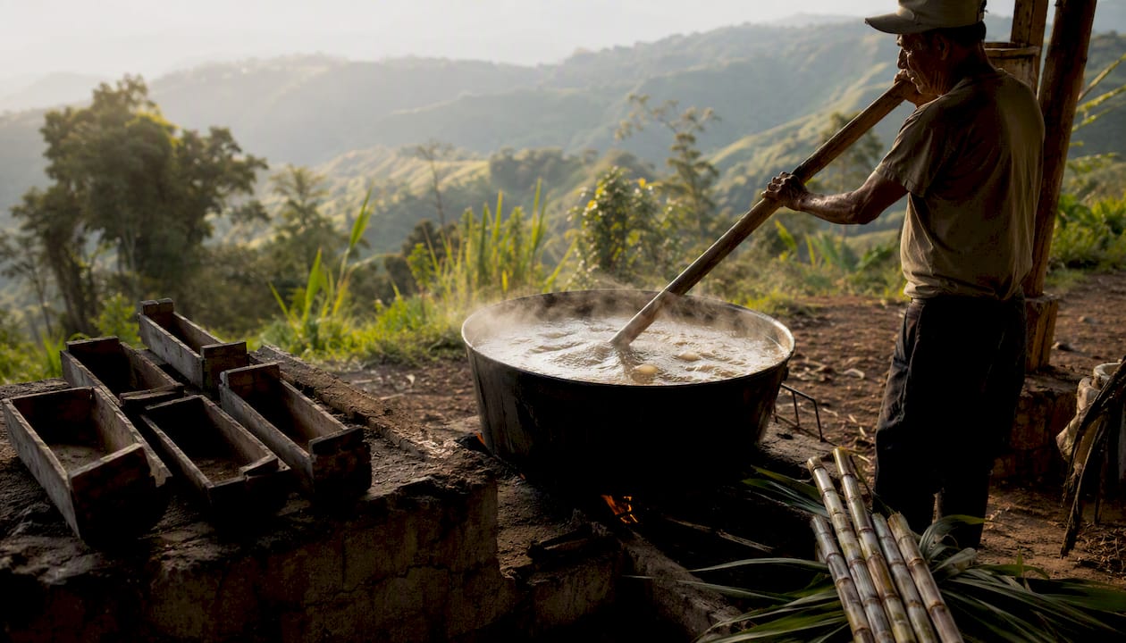 Boiling sugarcane juice in traditional panela making