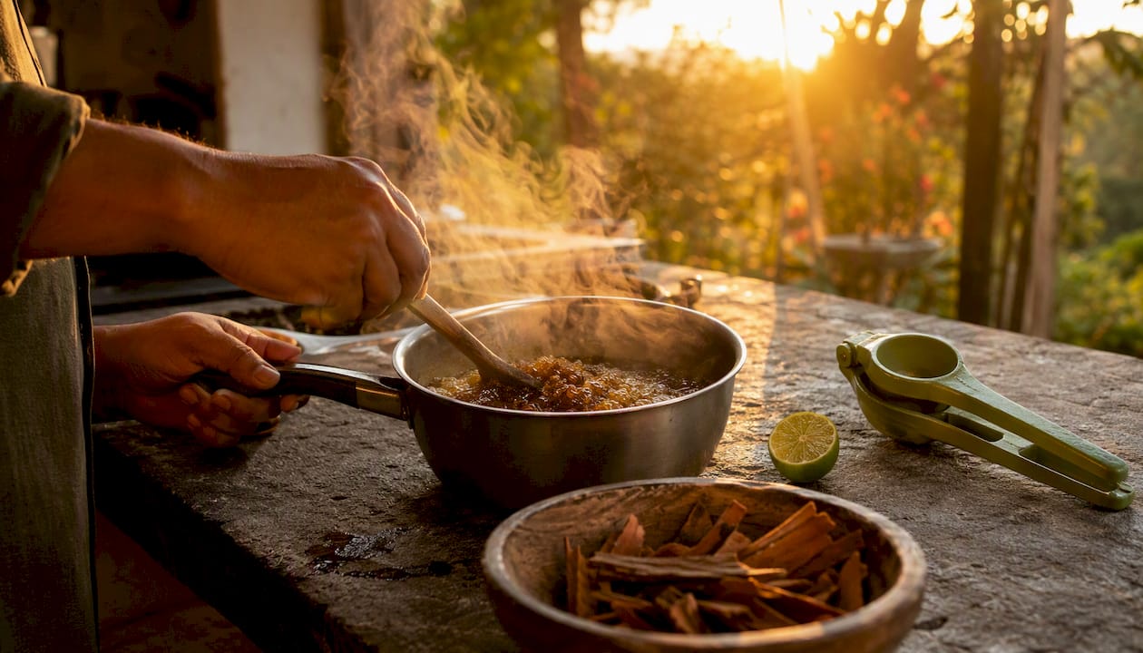 Hands pouring hot water over grated panela in pot