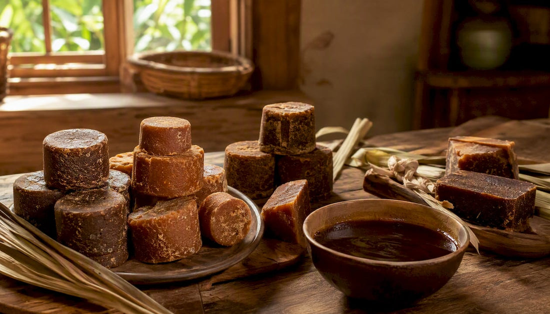 Close-up of unrefined panela blocks and syrup