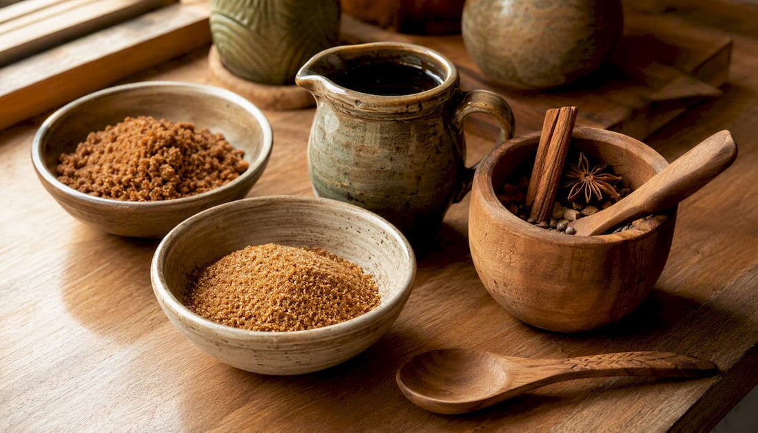 Various organic sweeteners in rustic bowls on wood