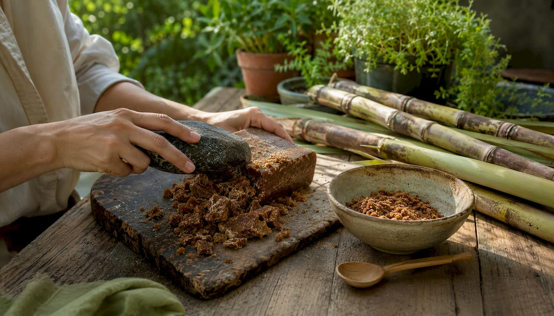 Hands breaking panela block on wooden table