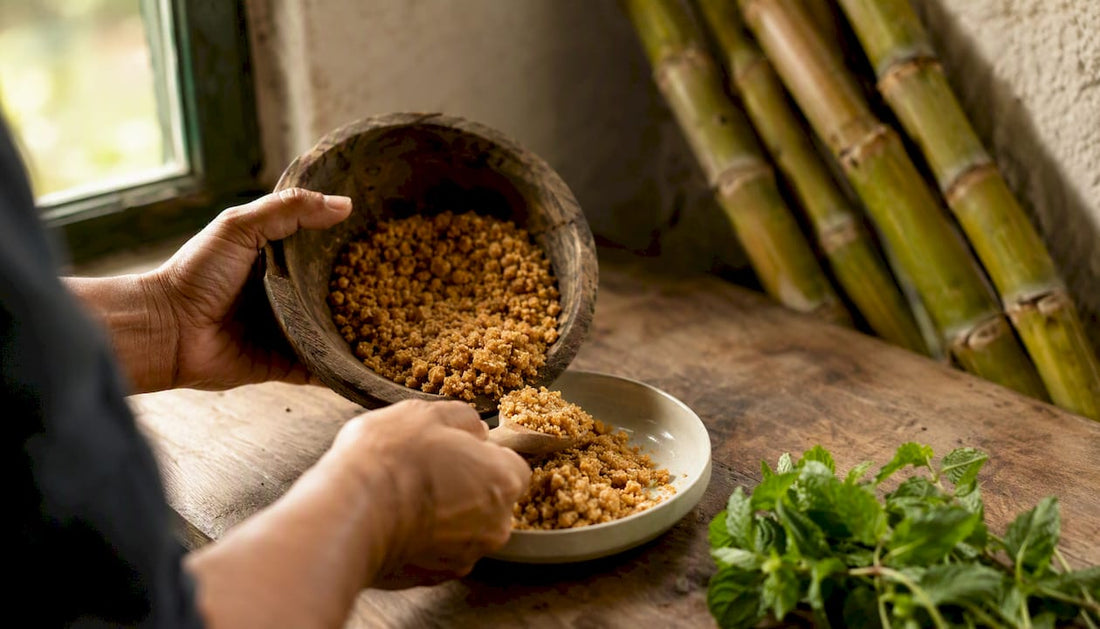 Hands pouring unrefined panela sugar granules