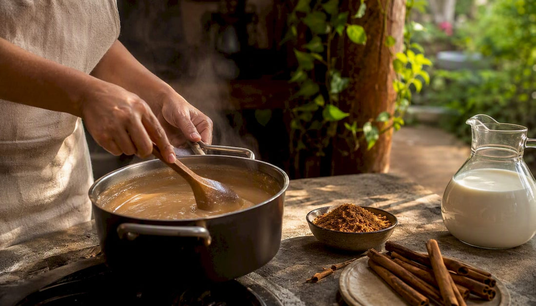 Hands stirring thick Colombian natilla custard