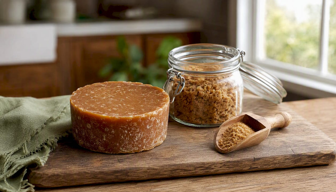 Sealed panela block and granulated panela in jar