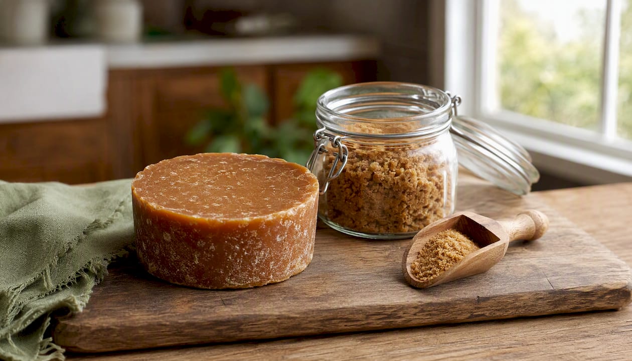 Sealed panela block and granulated panela in jar