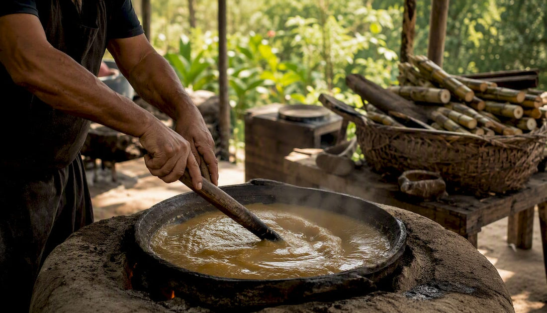 Hands stirring boiling panela juice in rustic workshop