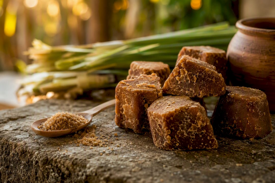 Unrefined panela sugar blocks on wooden table