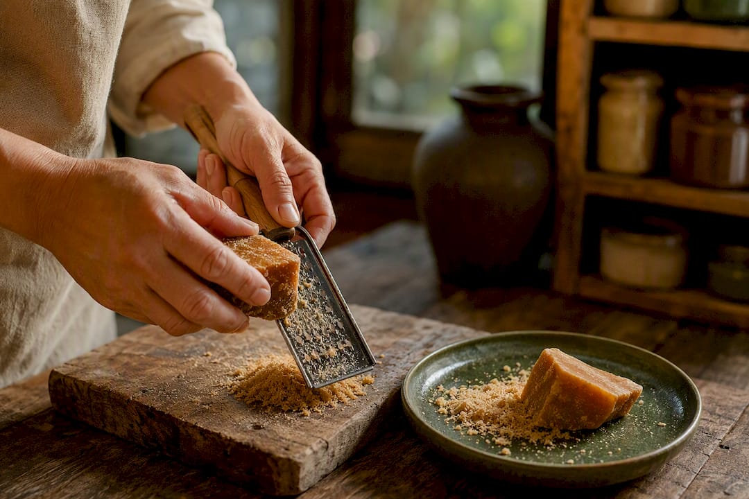Hands breaking hard panela block into shards