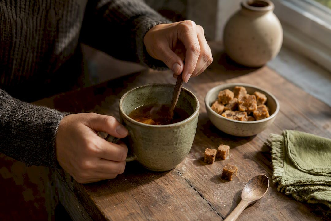 Hands stirring panela cubes in hot water mug