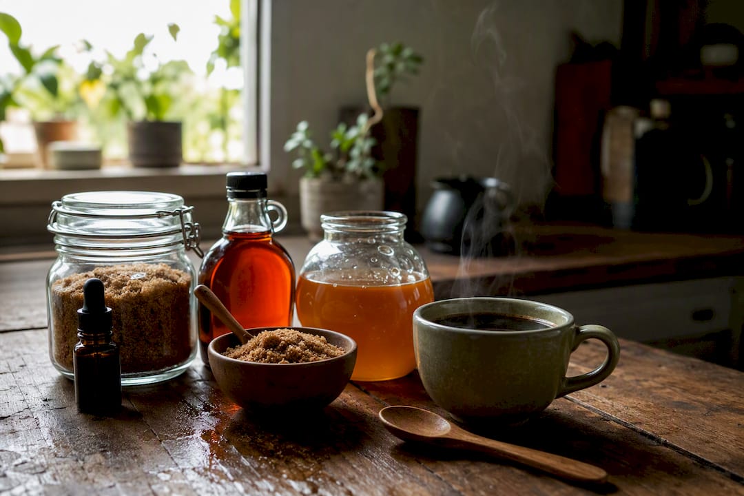 Various natural coffee sweeteners with cup of coffee on rustic table