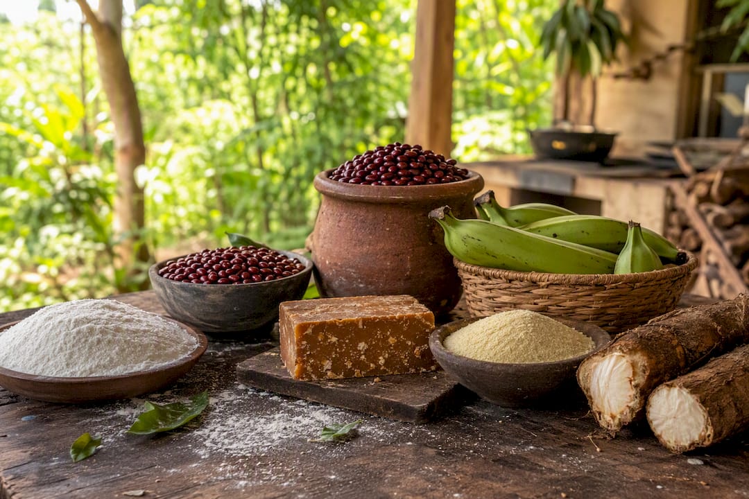 Essential Colombian pantry staples on rustic table