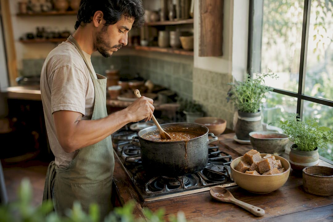 Hands stirring panela syrup in pot