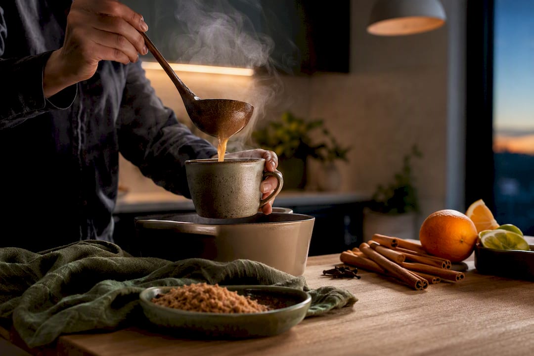 Steaming canelazo poured into ceramic mug