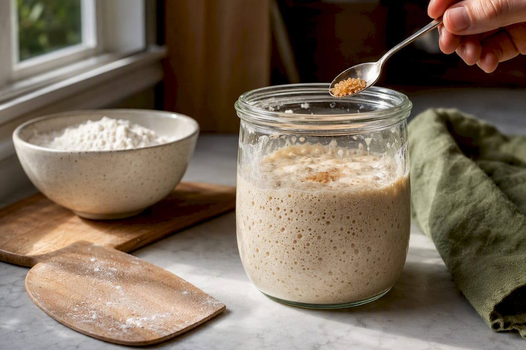 Spoon adding sugar to bubbly sourdough starter