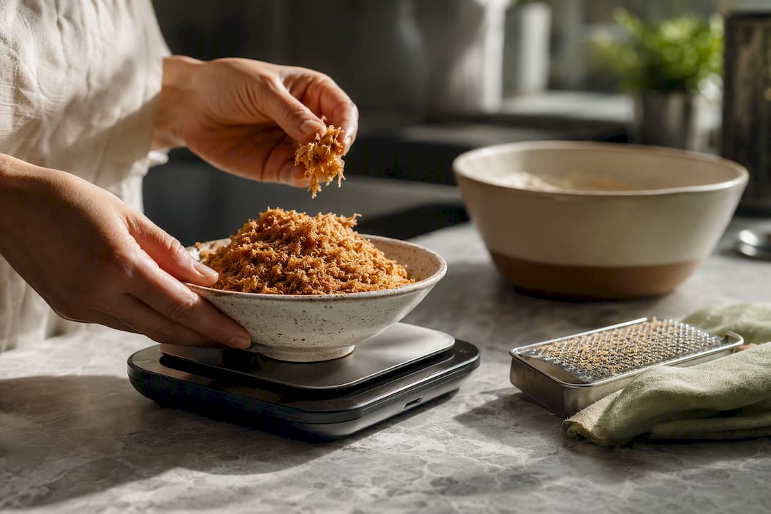 Hands weighing grated panela for baking