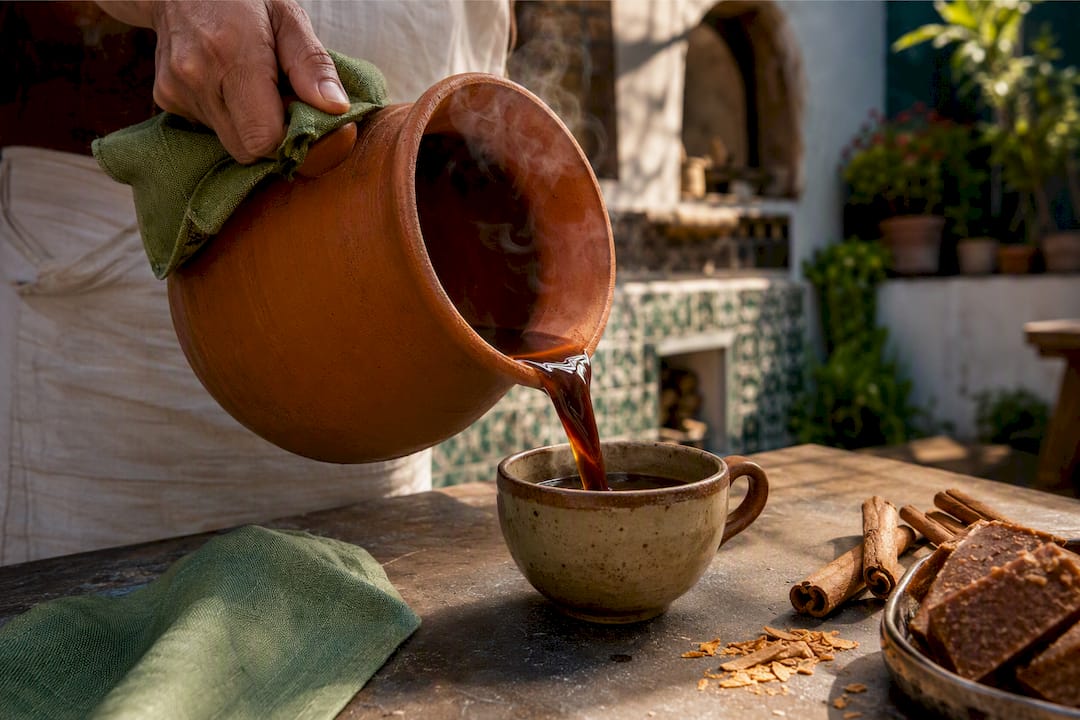 Clay olla pouring spiced café de olla
