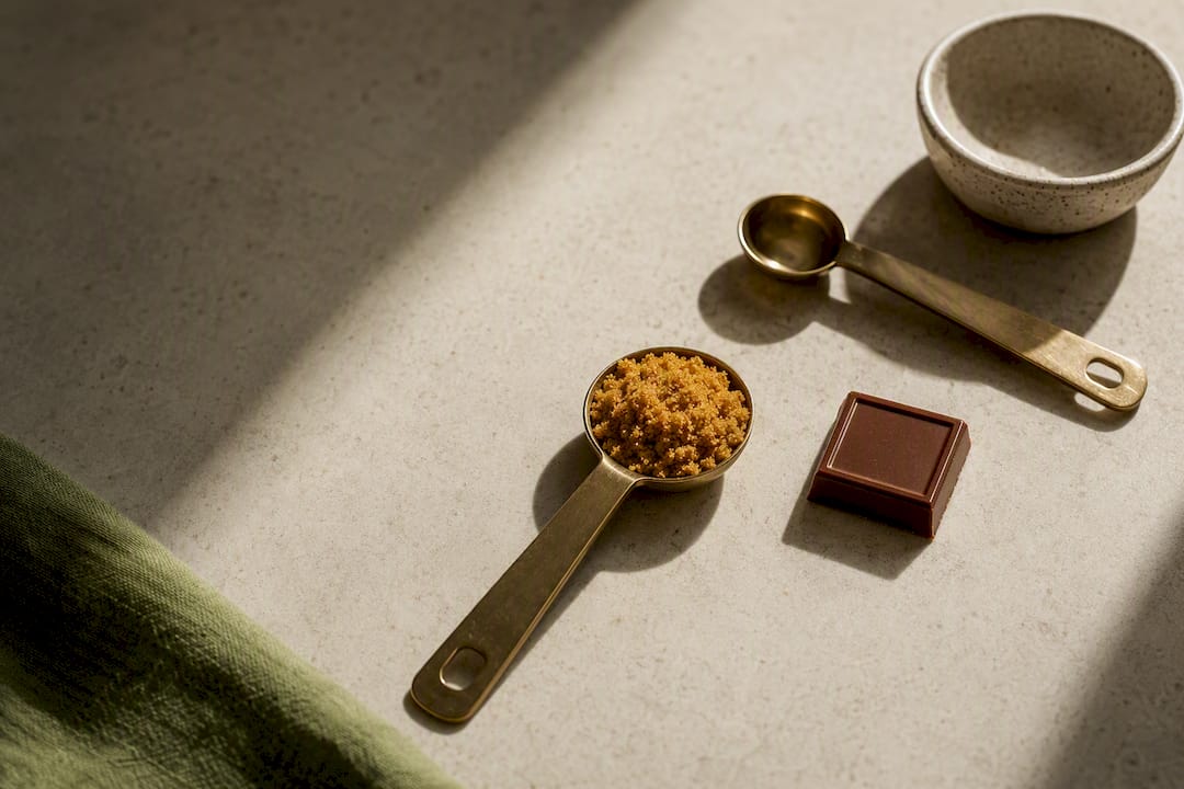 Teaspoon of panela beside chocolate square