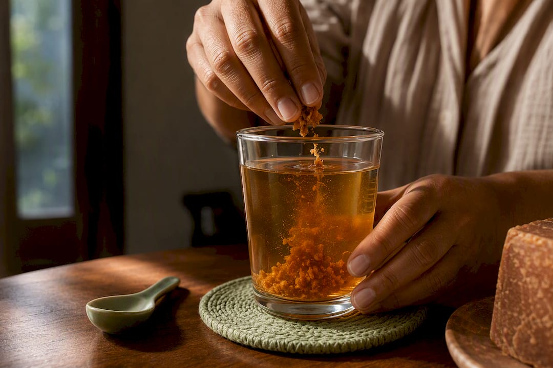 Hands preparing a warm glass of aguapanela