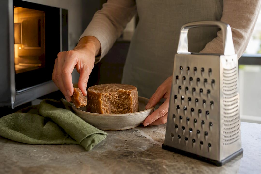 Panela block warming beside a box grater