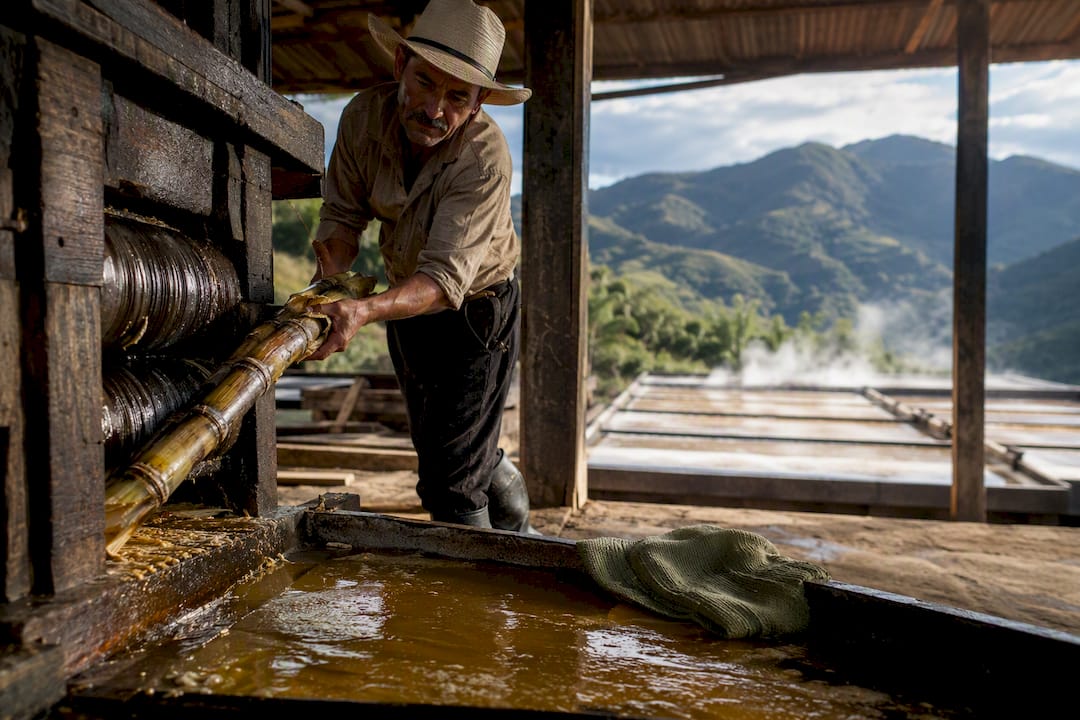 Worker operating a Colombian panela trapiche