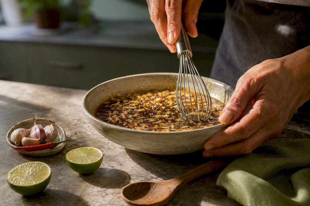 Whisking panela marinade with lime and chile