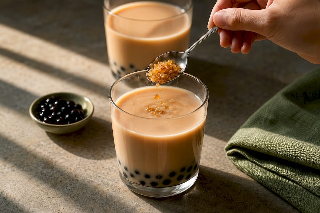 Spoon adding panela to milk tea
