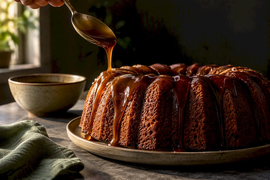 Glossy panela glaze drizzled over cake
