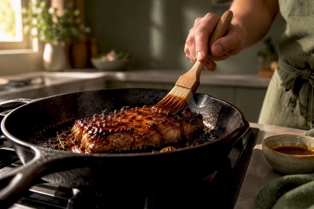 Brushing panela glaze onto seared protein
