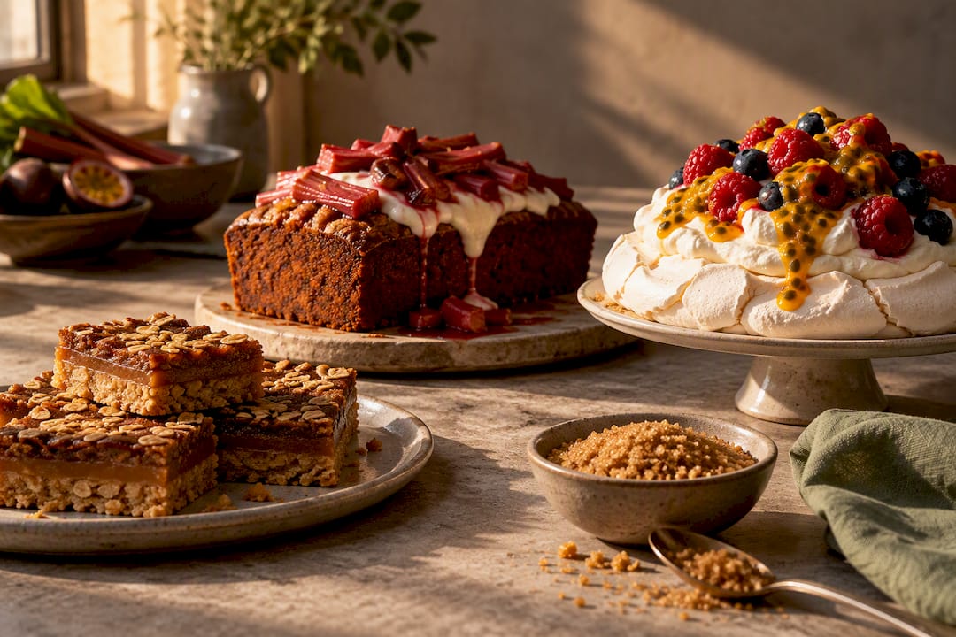 Panela desserts with caramel slice and pavlova