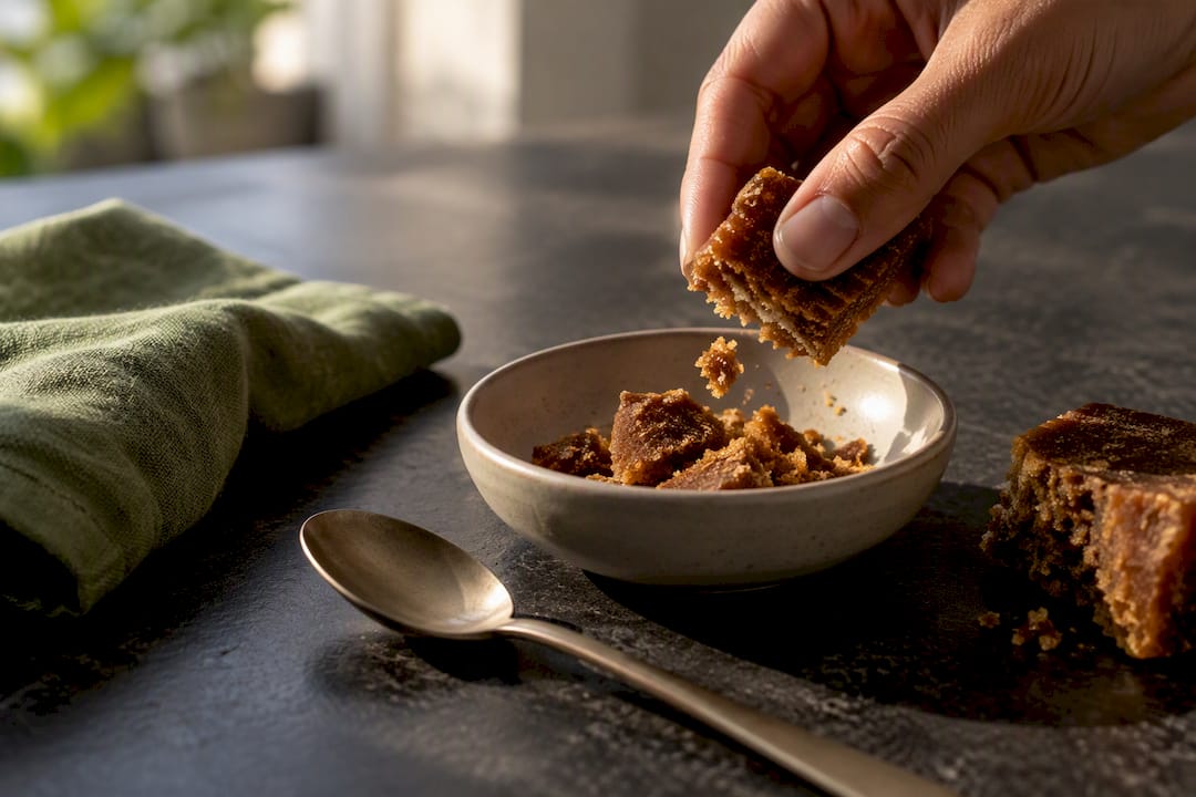 Panela sugar portion beside a teaspoon