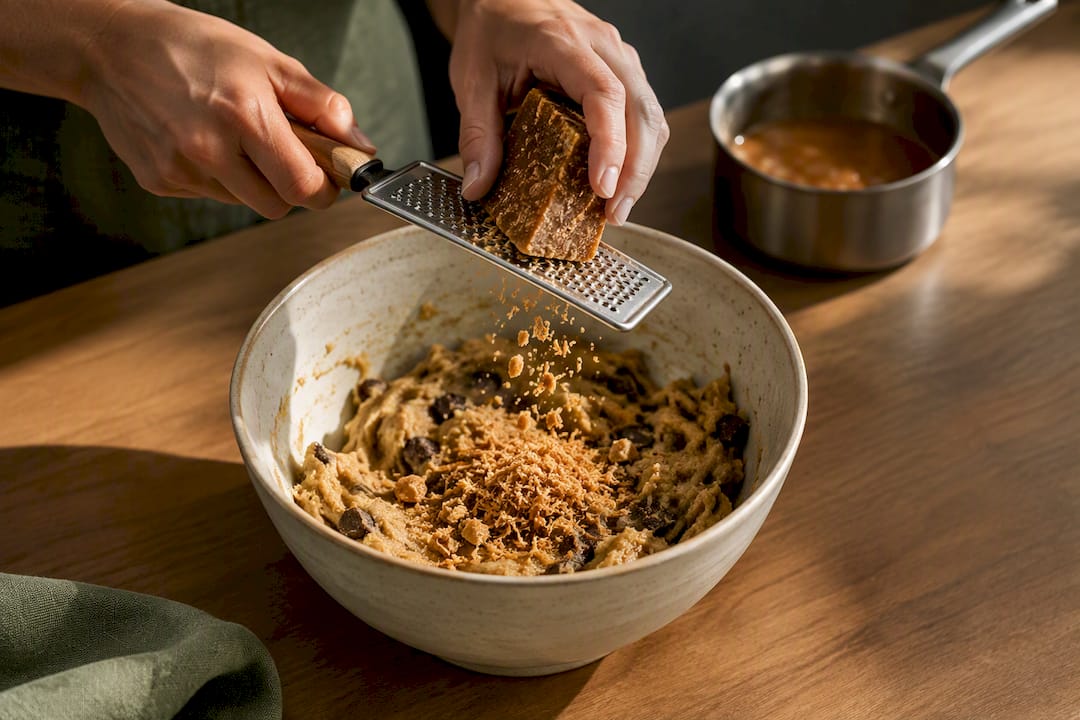 Hands grating panela into cookie dough