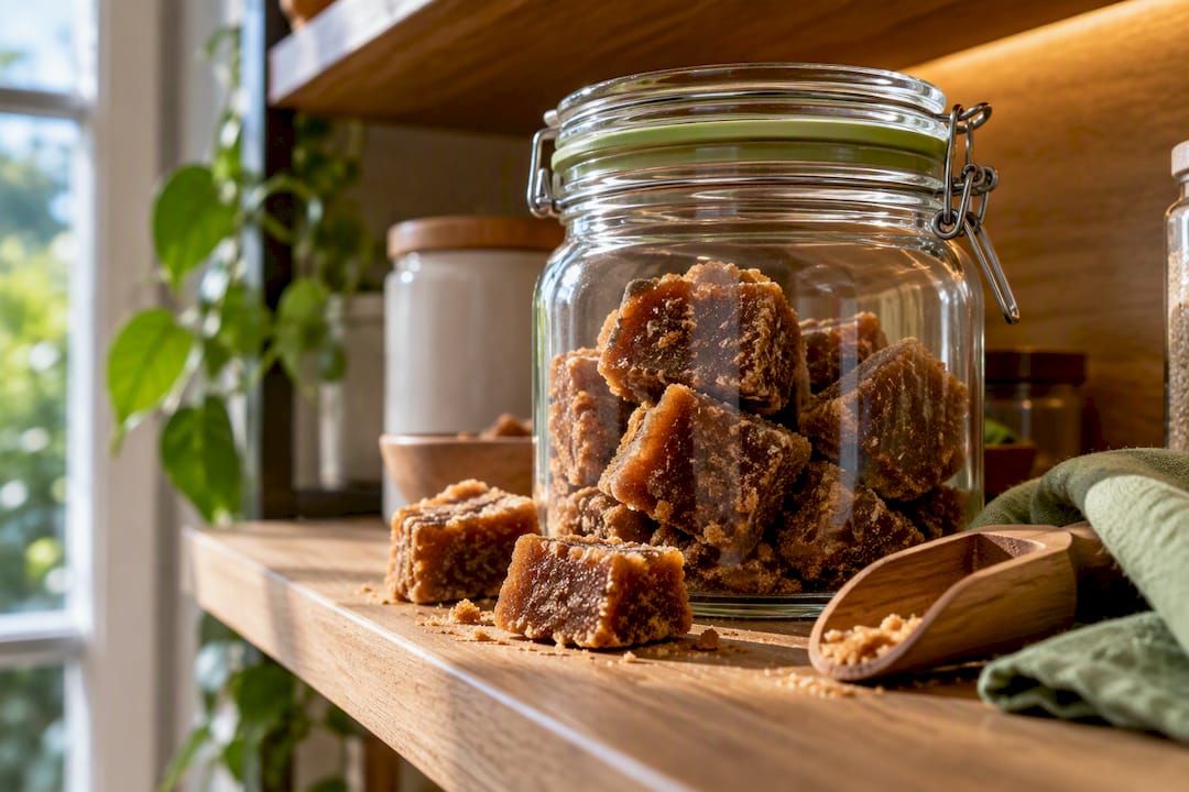 Panela pieces stored in an airtight glass jar