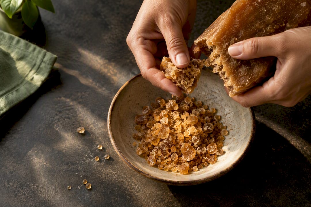 Hands breaking amber whole cane sugar