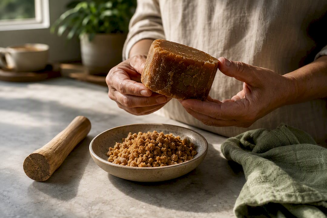Hands examining panela before buying