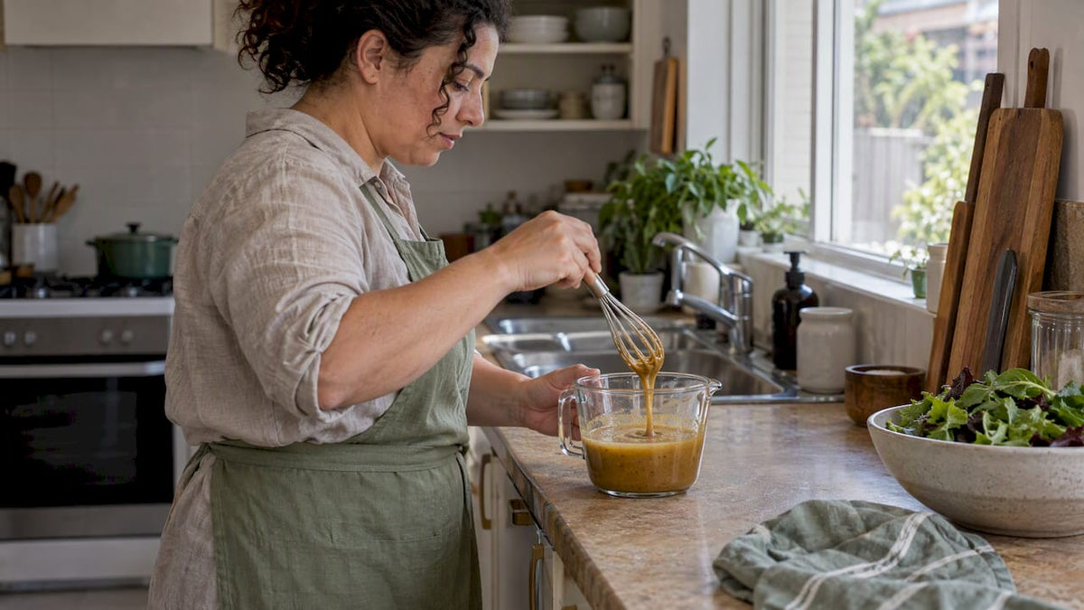 Cook whisking panela vinaigrette in kitchen