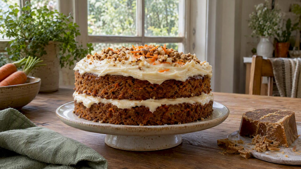 Layered panela carrot cake with panela shavings