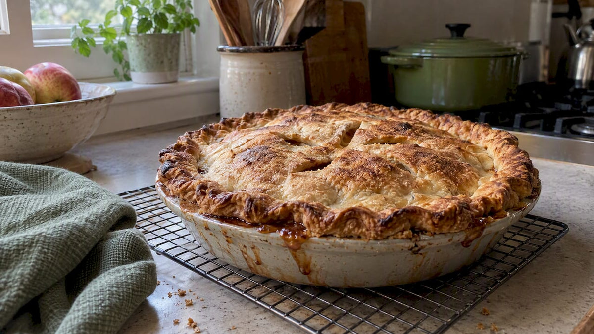 Freshly baked panela apple pie on rack