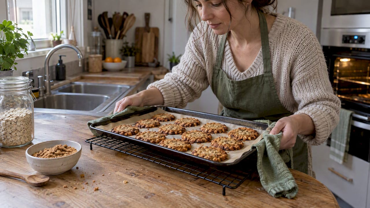 Fresh Anzac biscuits beside panela in kitchen
