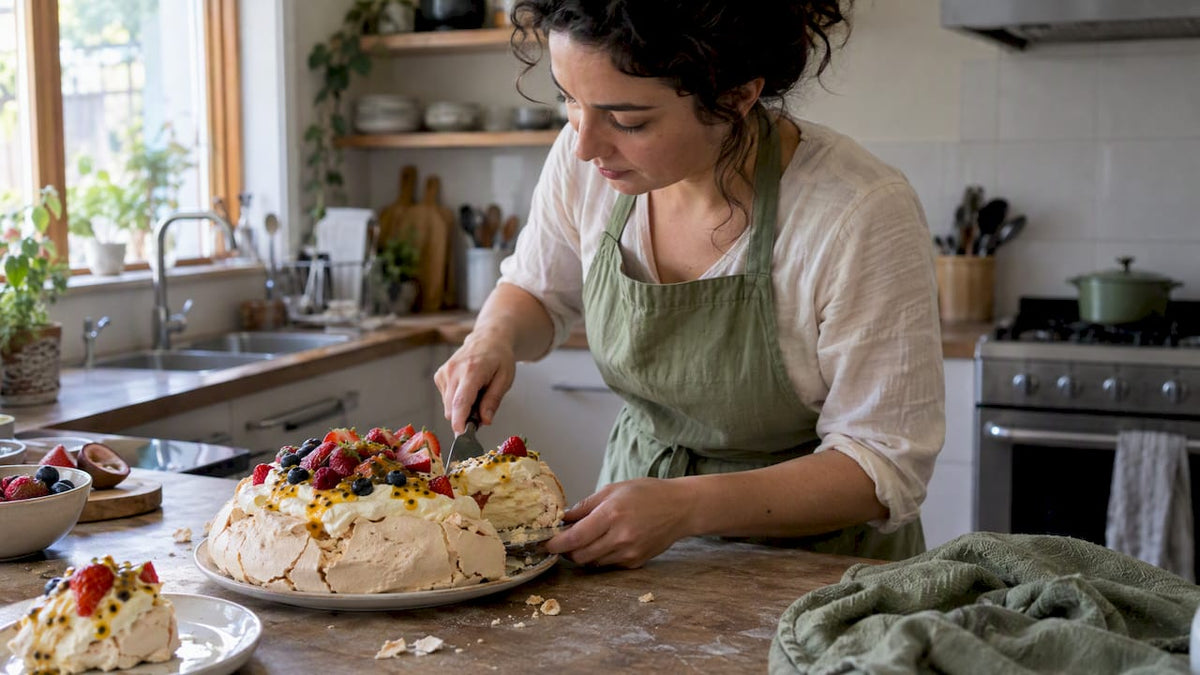 Panela pavlova with fruit and cream