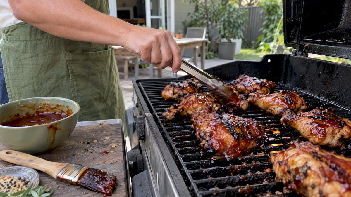 Panela barbecue sauce glazing chicken on a grill