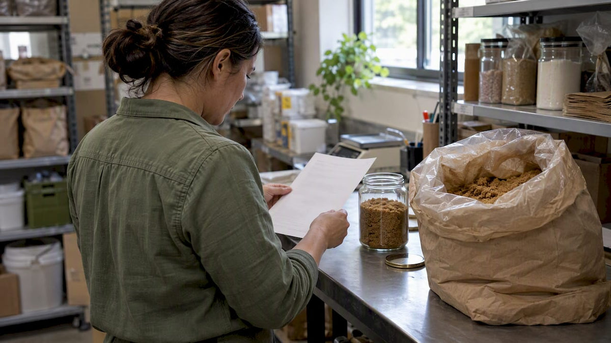 Food buyer checks a panela sample and specification