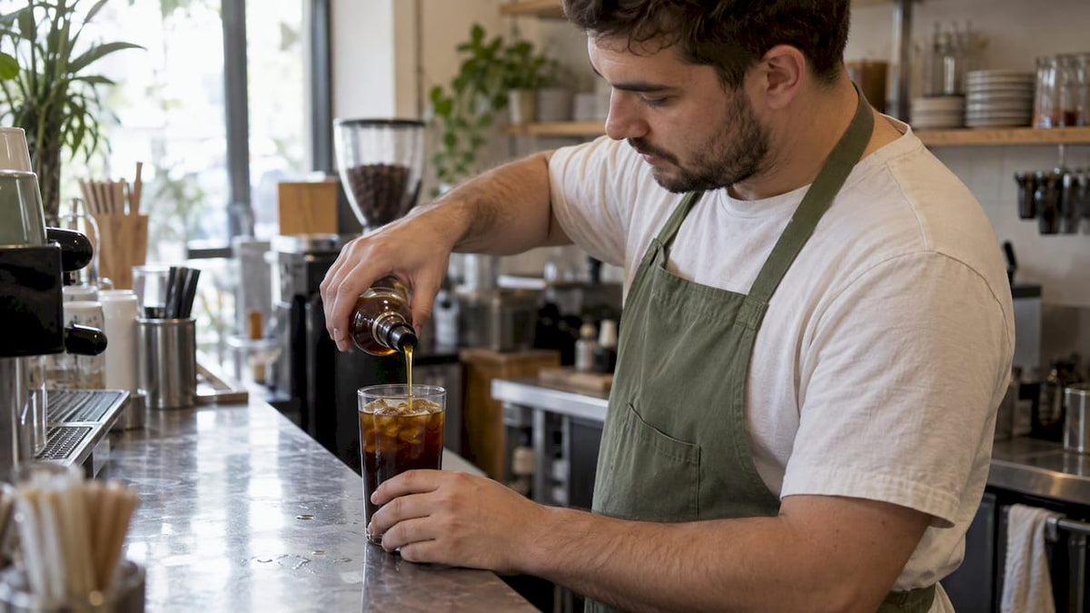 Syrup poured into a glass of cold brew