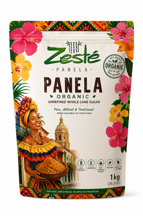 A 1 kg stand-up pouch of Zesté Panela Organic Unrefined Whole Cane Sugar, featuring a colorful tropical design with hibiscus flowers, a traditional colombian woman holding a bowl of sugar, and a church tower illustration.
