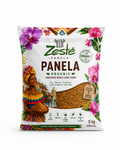 Zeste Panela organic unrefined whole cane sugar package with colorful design and text.
