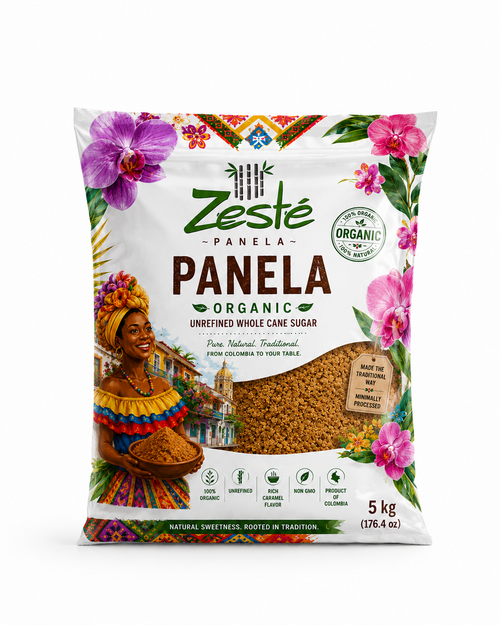 Zeste Panela organic unrefined whole cane sugar package with colorful design and text.